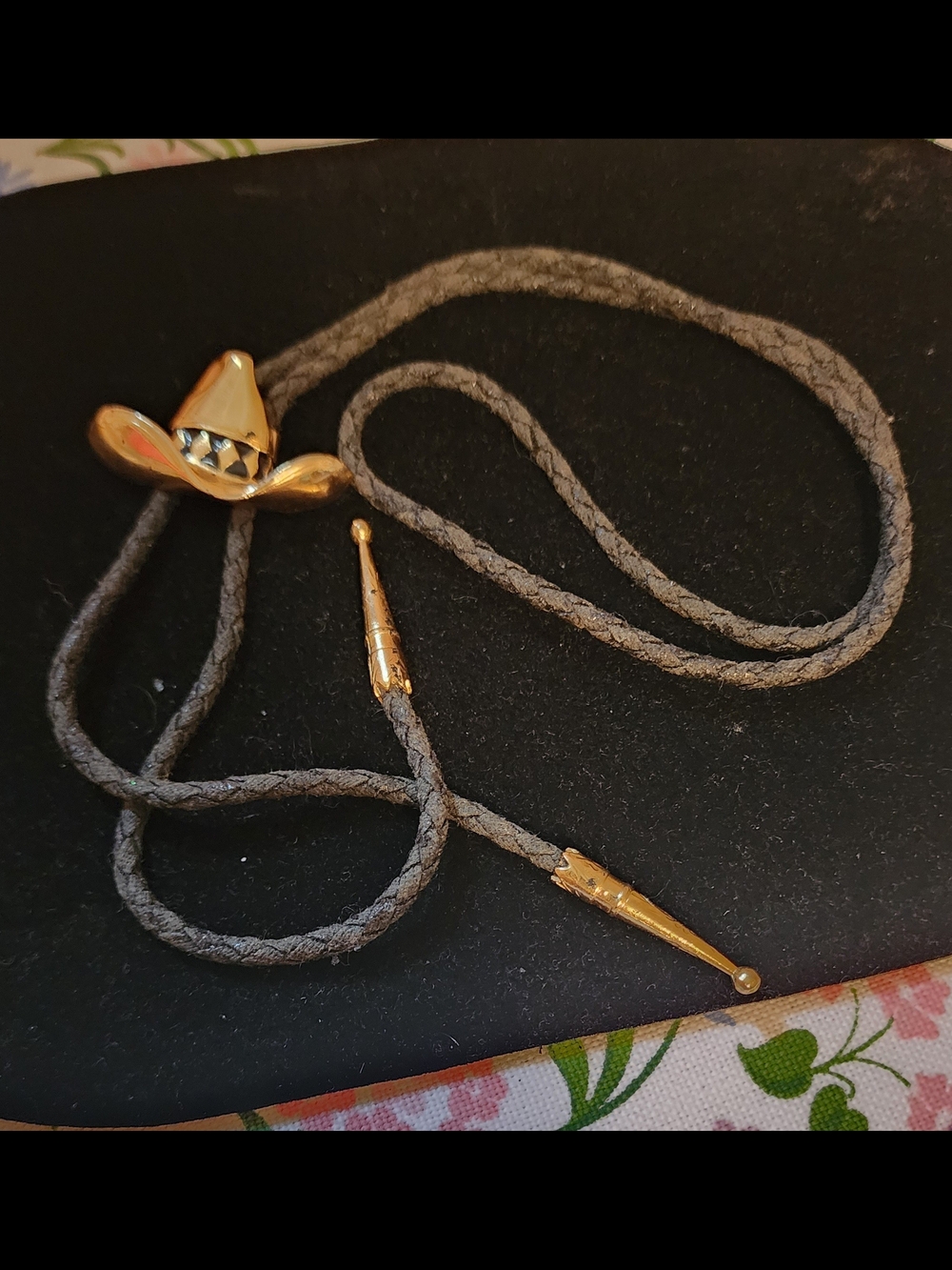 Vintage Gold Tone Sombrero Bolo Tie with Gray Braided Cord